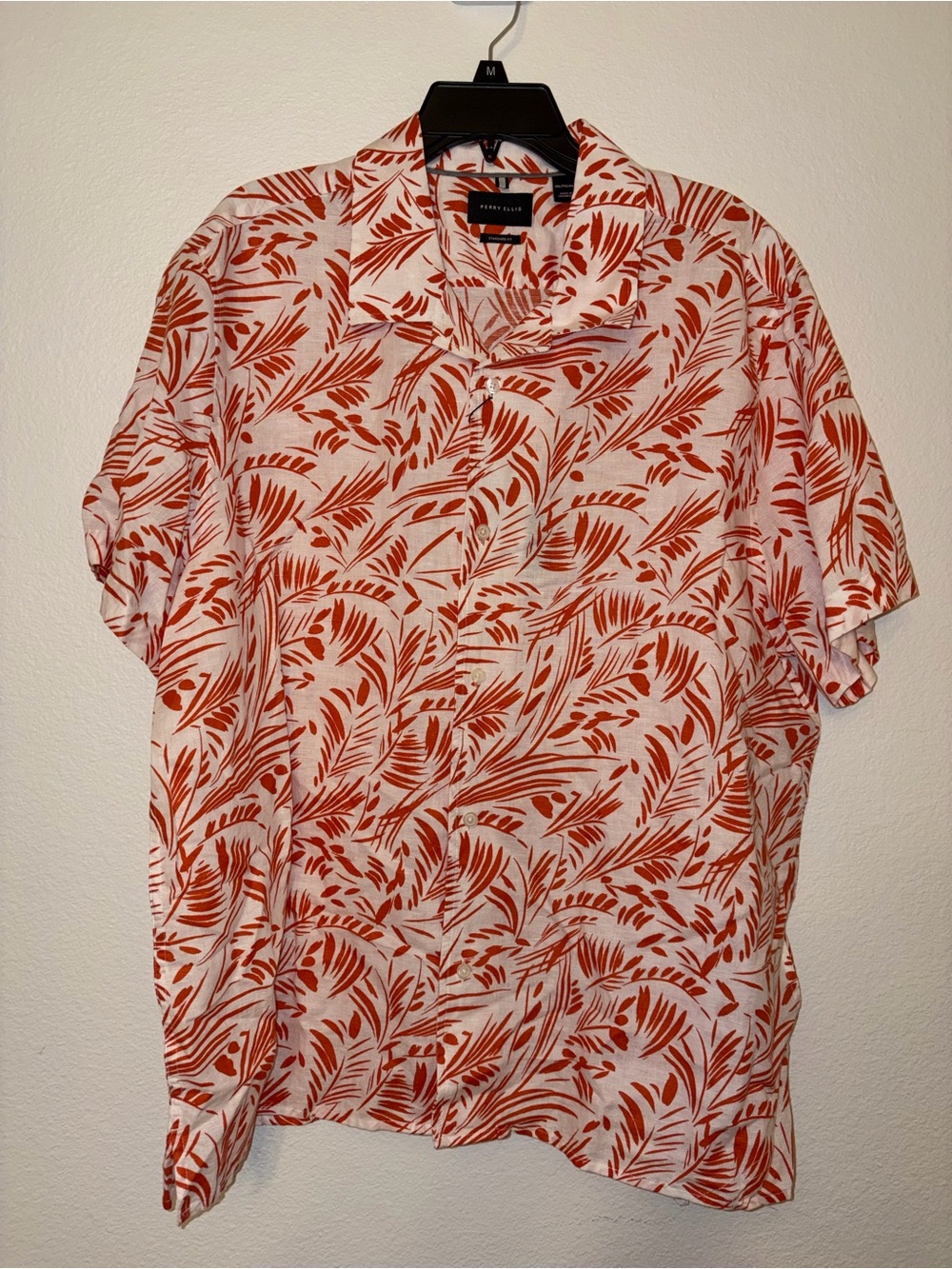 NWT Perry Ellis Linen Blend Hawaiian Shirt XXL Orange Palm Leaf Tropical Camp